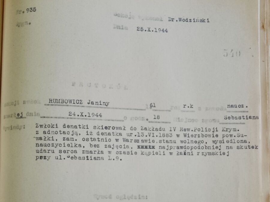 Protokół sekcji zwłok Janiny Rumbowicz. Archiwum Zakładu Medycyny Sądowej UJ. Fot. Dominika Pasich