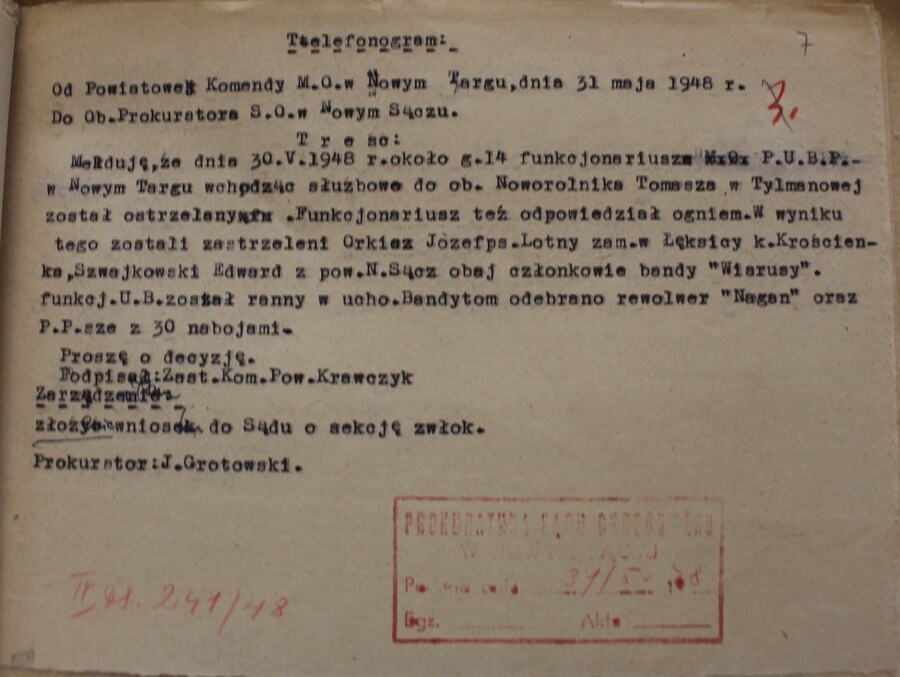 Telefonogram ws. śmierci Orkisza i Szwejkowskiego