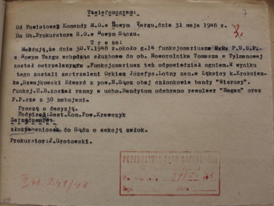 Telefonogram PK MO w Nowym Targu do prokuratora Sądu Okręgowego w Nowym Sączu informujący o śmierci Edwarda Szwejkowskiego „Łotra” i Józefa Orkisza „Lotnego”. Fot. ze zbiorów IPN