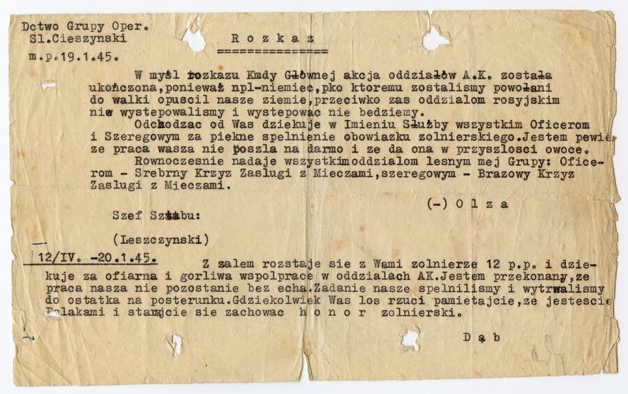 Rozkaz o rozwiązaniu GO AK „Śląski Cieszyński”. Dokument ze zbiorów M. Siwca-Cielebona