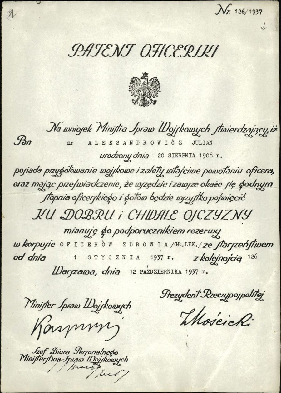 Patent oficerski ppor. Juliana Aleksandrowicza (1937). Dok. ze zbiorów IPN