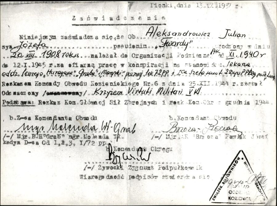 Zaświadczenie potwierdzające nadanie Virtuti Militari V klasy (Pionki, 1957). Dok. ze zbiorów IPN