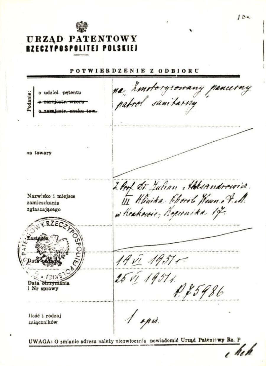 Wniosek o udzielenie patentu na zmotoryzowany pancerny patrol sanitarny (1951). Dok. ze zbiorów IPN