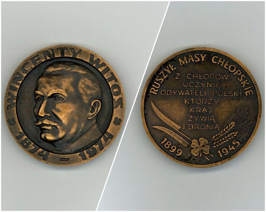 Medal wydany przez Polonijny Komitet Obchodów Setnej Rocznicy Urodzin Wincentego Witosa w Chicago Illinois z okazji 100. rocznicy urodzin Wincentego Witosa (1974 r.). Jeden z artefaktów z prywatnego archiwum Stanisława Mierzwy przekazanych przez rodzinę Mierzwów do IPN w Krakowie