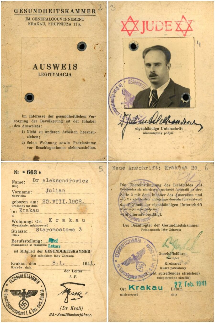 Legitymacja (Ausweis) Juliana Aleksandrowicza z getta, nr 663, wydana 8 stycznia 1941 r. w Krakowie