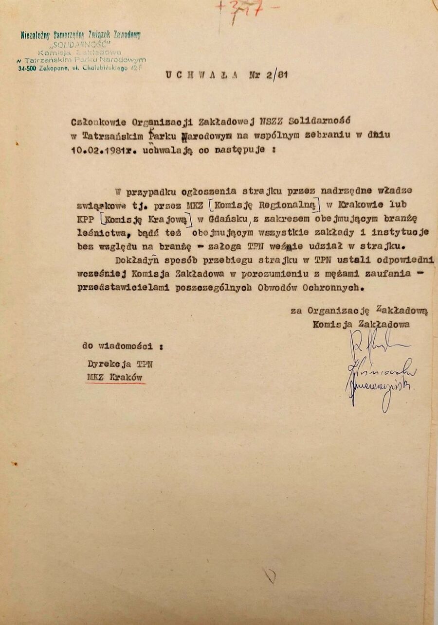 Jeden z dokumentów Komisji Zakładowej NSZZ „Solidarność” w Tatrzańskim Parku Narodowym, przekazanych do IPN w Krakowie przez Rajmunda Starzyka