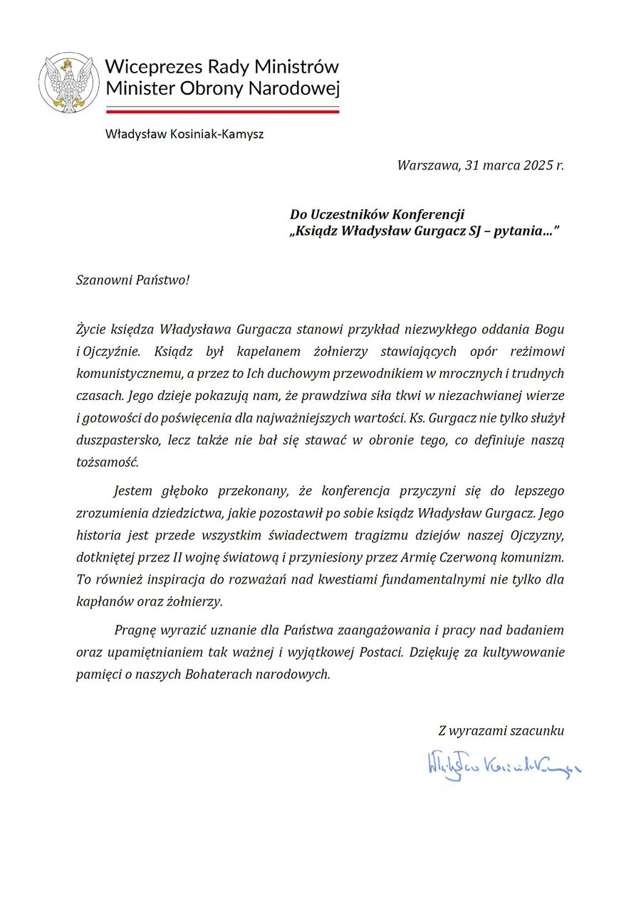 List skierowany do uczestników konferencji przez wicepremiera i szefa MON Władysława Kosiniaka-Kamysza