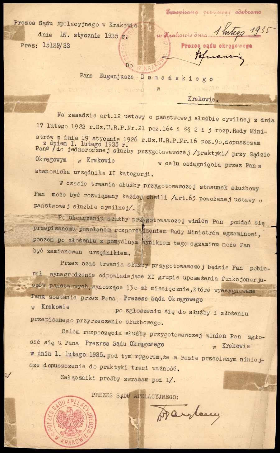 1935. Powołanie do pracy/praktyki w Sądzie Okręgowym w Krakowie