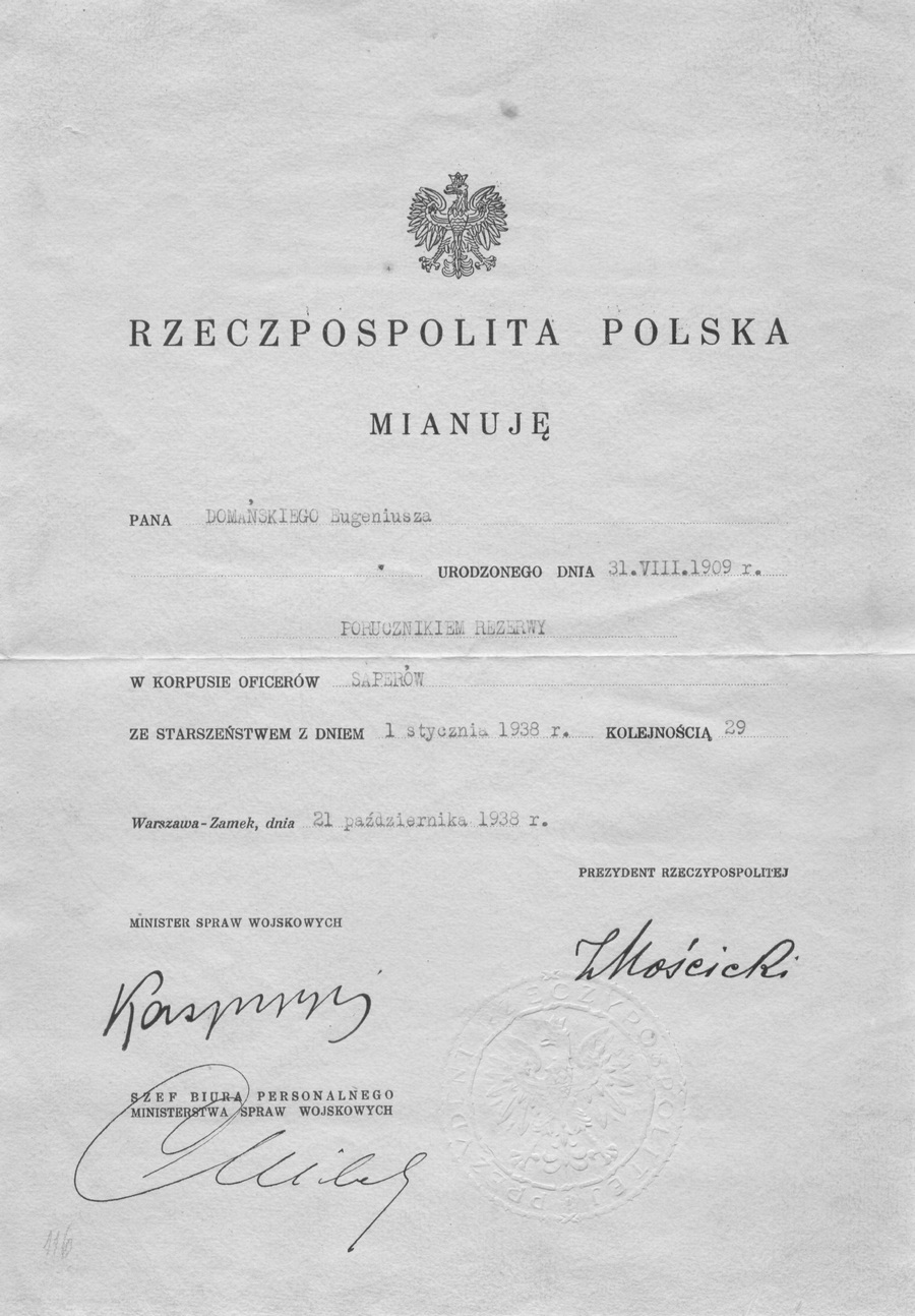 Mianowanie na stopień porucznika rezerwy. Oryginał w zbiorach M. Kapusty