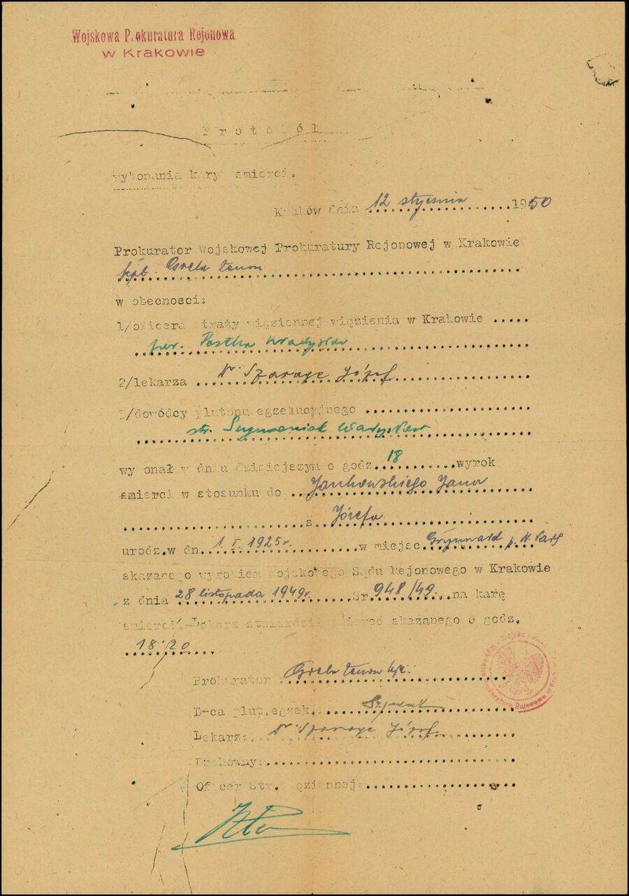Protokół wykonania kary śmierci na Janie Jankowskim. Fot. ze zbiorów IPN