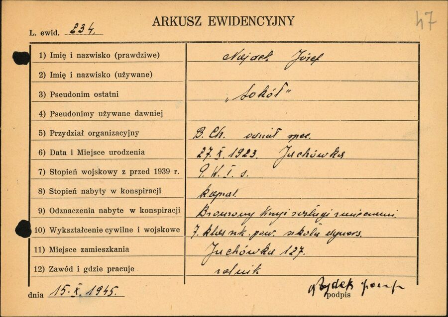 Arkusz ewidencyjny ujawnionego członka BCh Józefa Najdka „Orlika”, 1945 r. Fot. IPN