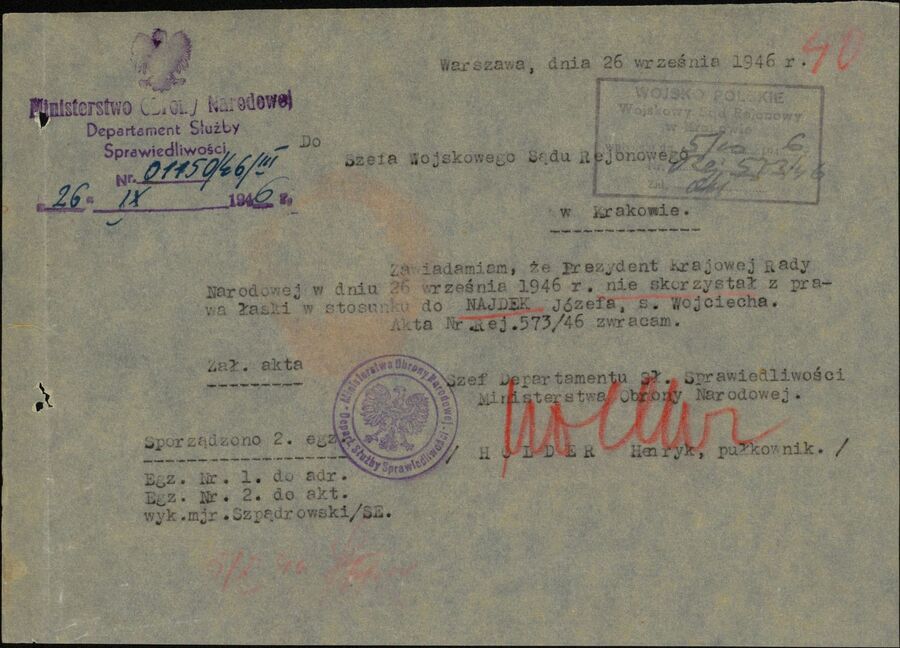 Zawiadomienie o nieskorzystaniu z prawa łaski w stosunku do Józefa Najdka „Orlika”, 1946 r. Fot. IPN