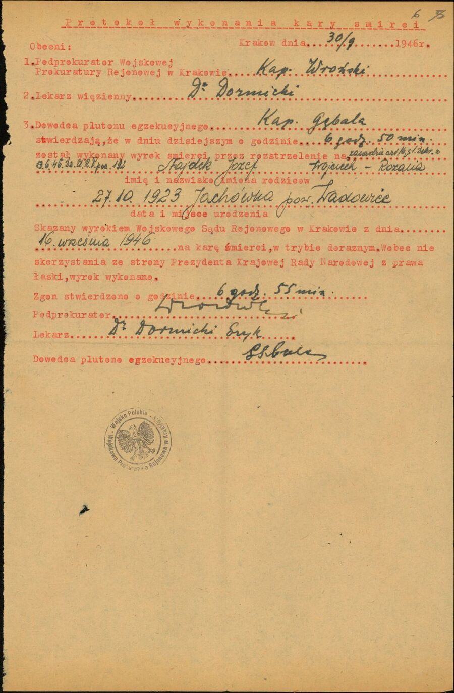 Protokół wykonania kary śmierci na Józefie Najdku „Orliku”, 1946 r. Fot. IPN