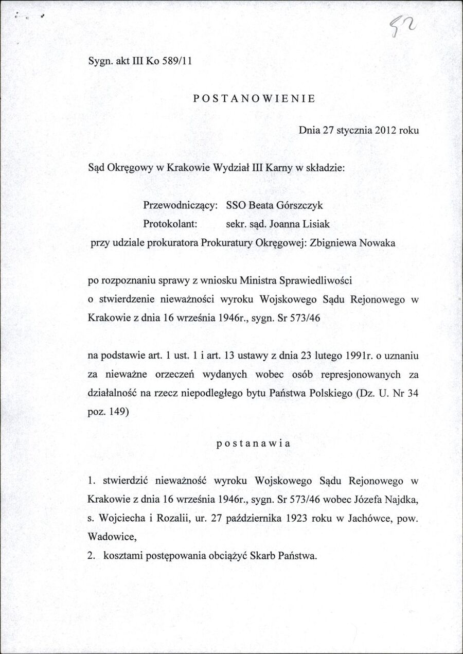 Fragment postanowienia Sądu Okręgowego w Krakowie o unieważnieniu wyroku WSR, 2012 r. Fot. IPN