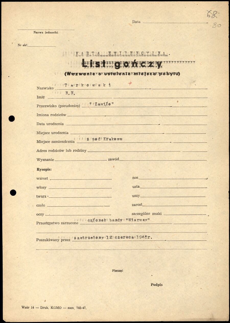 List gończy za Władysławem Tarkowskim, wystawiony przez MO. Fot. ze zbiorów IPN