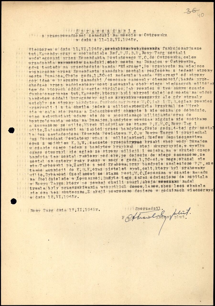 Sprawozdanie z zasadzki, w wyniku której zginął Władysław Tarkowski, sporządzone przez funkcjonariusza MO. Fot. ze zbiorów IPN