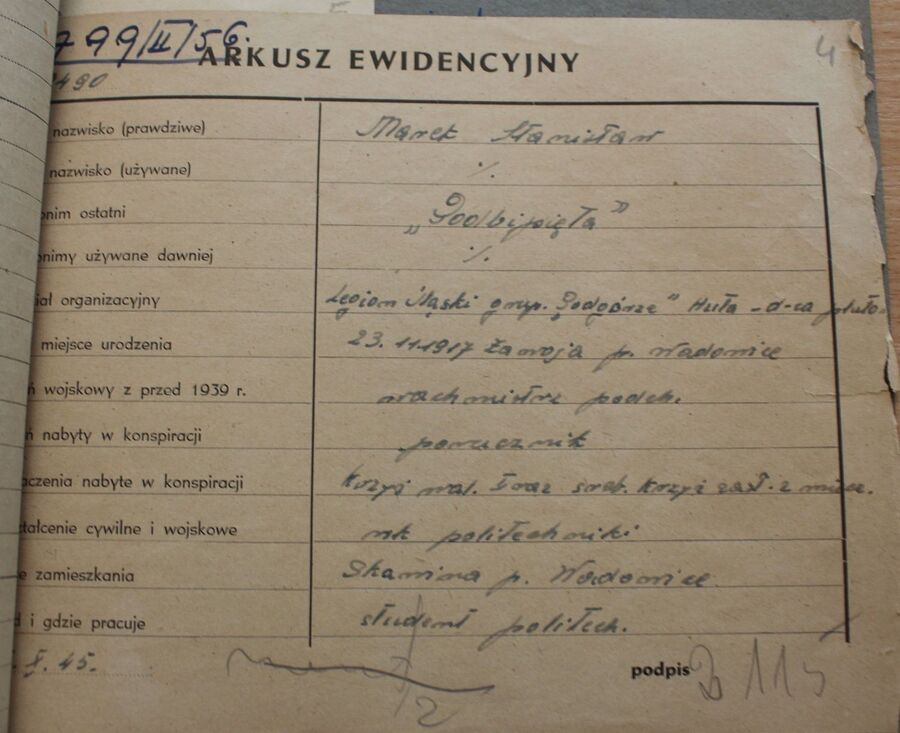 Arkusz ujawnienia Stanisława Marka „Podbipięty” z 1945 r. Fot. ze zbiorów IPN