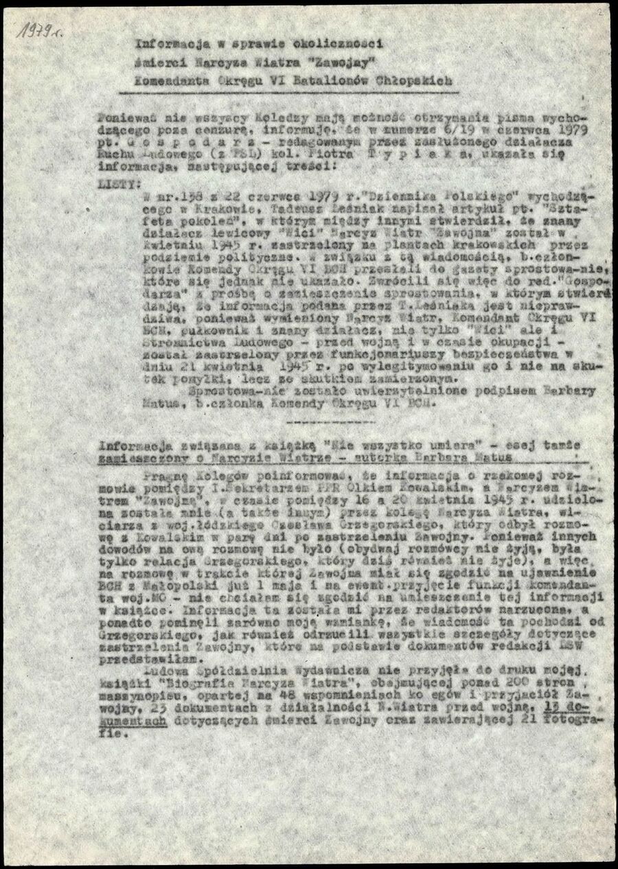 List Barbary Andrusikiewicz-Matusowej ps. „Kwiatkowska” z 1979 r. do działaczy ludowych, dotyczący m.in. nie przyjęcia do druku przez Ludową Spółdzielnię Wydawniczą biografii jej autorstwa, poświęconej płk. Narcyzowi Wiatrowi ps. „Zawojna”