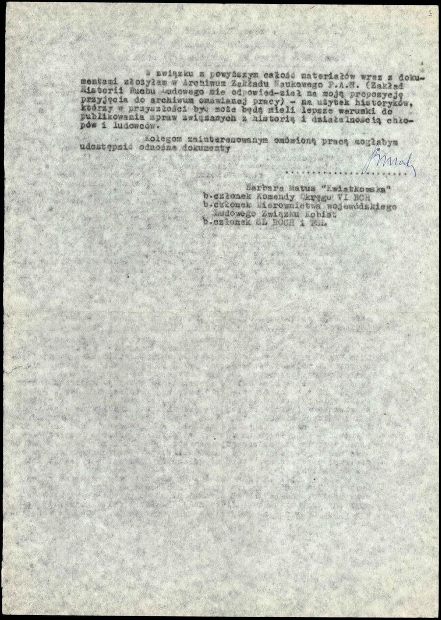 List Barbary Andrusikiewicz-Matusowej ps. „Kwiatkowska” z 1979 r. do działaczy ludowych, dotyczący m.in. nie przyjęcia do druku przez Ludową Spółdzielnię Wydawniczą biografii jej autorstwa, poświęconej płk. Narcyzowi Wiatrowi ps. „Zawojna”