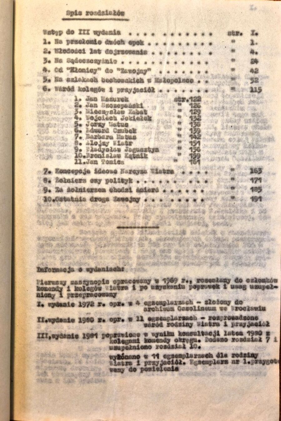 Spis treści maszynopisu biografii płk. Narcyza Wiatra ps. „Zawojna” autorstwa Barbary Andrusikiewicz-Matusowej ps. „Kwiatkowska”