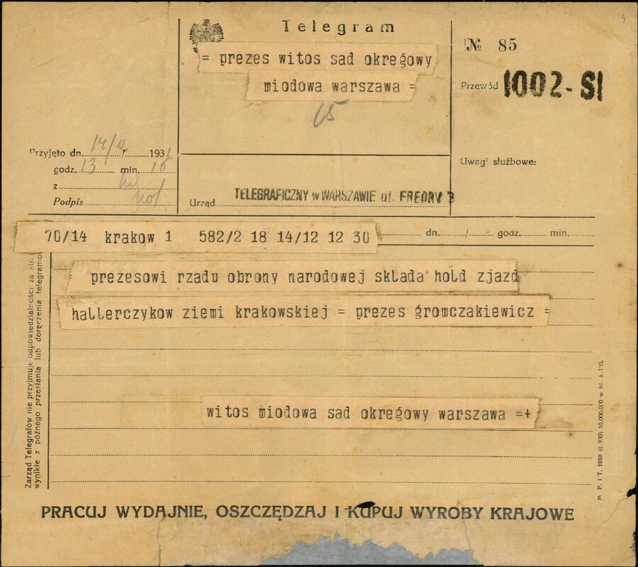 Telegram Zjazdu Hallerczyków Ziemi Krakowskiej z 14 grudnia 1931 r. adresowany do Witosa w Sądzie Okręgowym przy ul. Miodowej w Warszawie (źródło: IPN)