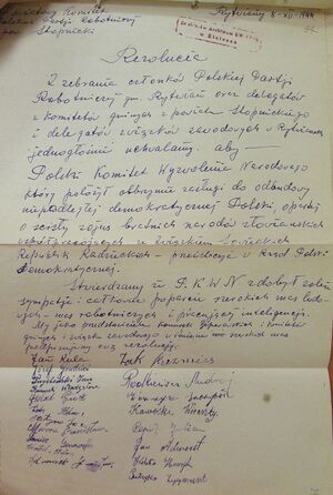 Rezolucja Powiatowego Komitetu PPR w Stopnicy, Rytwiany, 8 grudnia 1944 r. Fot. ze zbiorów Archiwum Państwowego w Kielcach