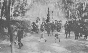 Drużyna ze sztandarem podczas marszu, 1918. Fot. NAC