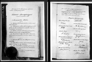 Kopia konstytucji. Na ostatniej stronie podpisy prezydenta Ignacego Mościckiego, marszałka Józefa Piłsudskiego i członków rządu Walerego Sławka
