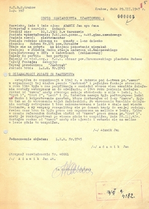 Odpis oświadczenia ujawnionego byłego członka AK Jana Adamika, 29 marca 1947 r. Fot. IPN