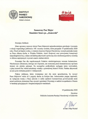 List gratulacyjny do mjr. Stanisława Szuro, wystosowany przez dyrektora krakowskiego IPN