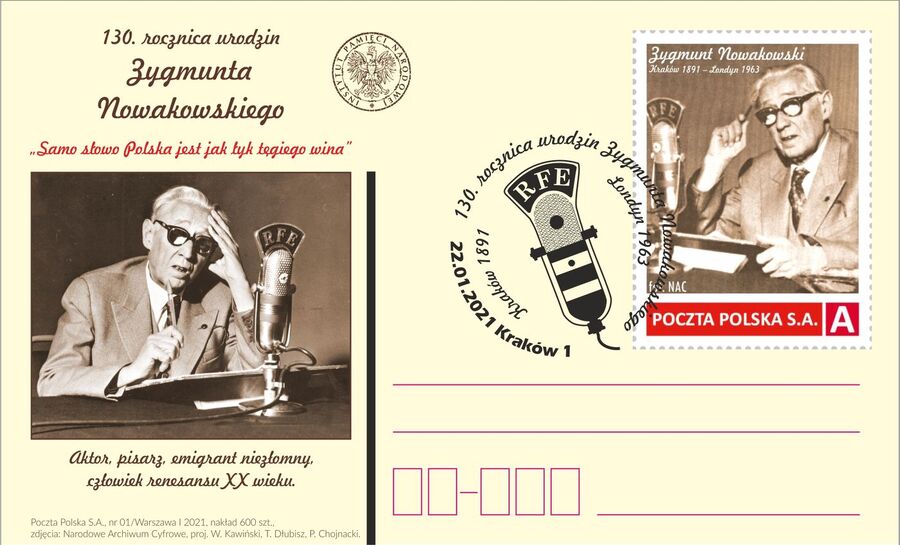 Karta pocztowa, znaczek i datownik na 130. rocznicę urodzin Zygmunta Nowakowskiego