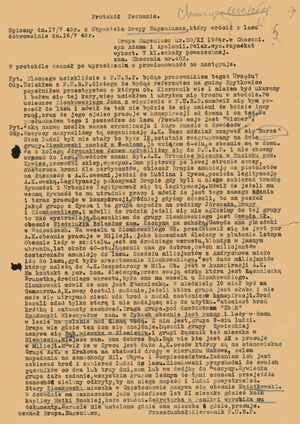 Zeznanie złożone 17 lipca 1945 r. przez Eugeniusza Drapę „Wichra”, o którym wspomniał w raporcie dla Stalina sowiecki doradca MBP generał lejtnant Nikołaj Sieliwanowski. Ze zbiorów IPN w Krakowie