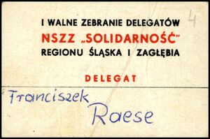 Karta delegata na I Walne Zebranie Delegatów NSZZ „Solidarność” Regionu Śląska i Zagłębia