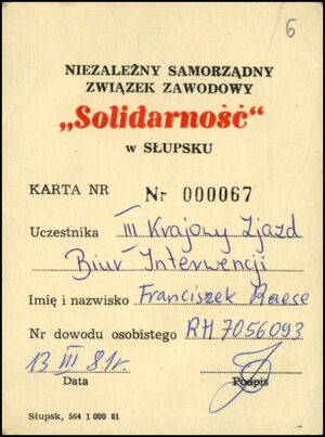 Karta uczestnika III Krajowego Zjazdu Biur Interwencji NSZZ „Solidarność” w Słupsku z 13 marca 1981 r.