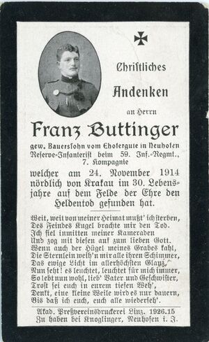 Sterbebild (karta żałobna) szeregowego piechoty Franza Buttingera z c. i k. 59. pułku piechoty Arcyksięcia Rainera, poległego 24 listopada 1914 r. w rejonie Opatkowic. Fot. ze zbiorów K. Pięciaka