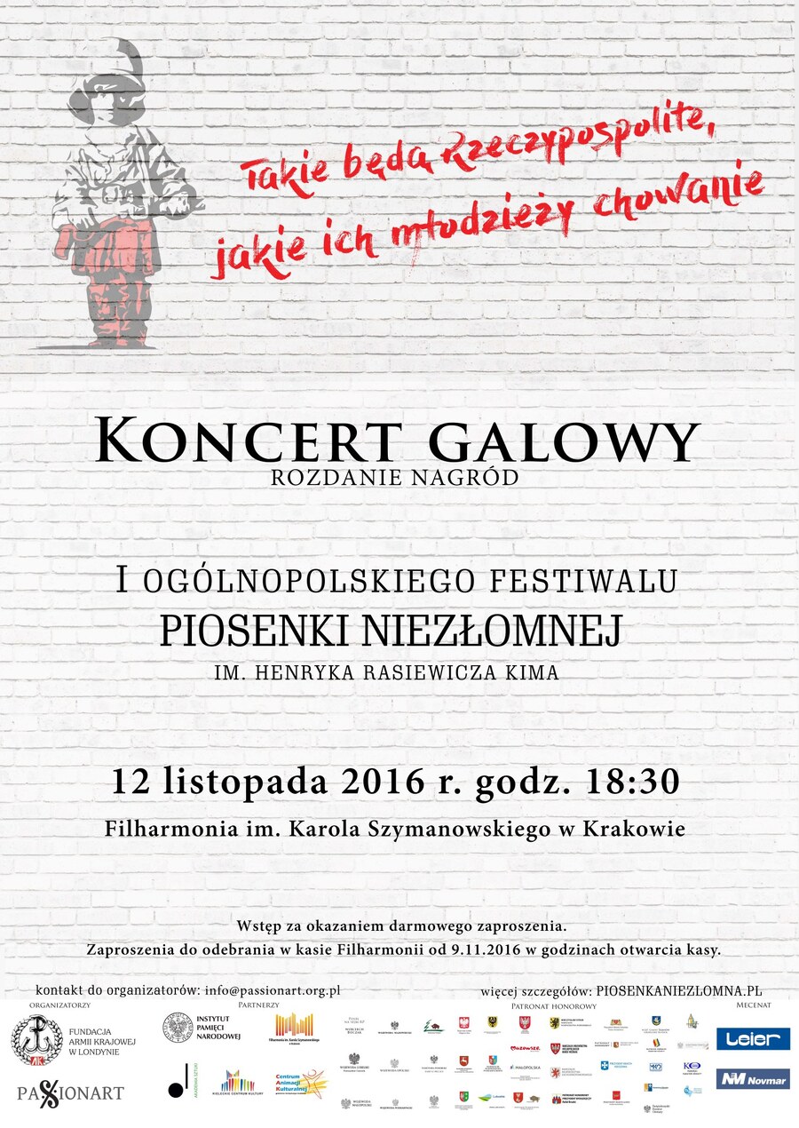 Koncert galowy I Ogólnopolskiego Festiwalu Piosenki Niezłomnej - Kraków, 12 listopada 2016