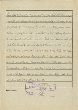 List Jadwigi Seifert (druga strona) do matki Wilhelminy ze stycznia 1943 r. (widoczna pieczątka cenzury obozowej)