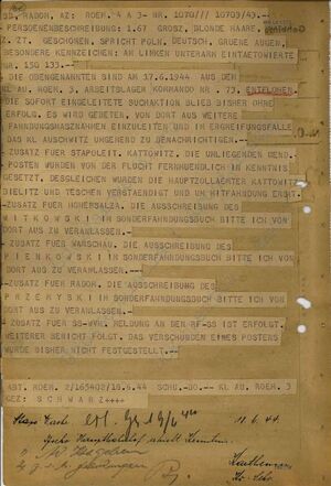 Telegram informujący o ucieczce Przemyskiego, Witkowskiego i Pieńkowskiego z KL Auschwitz