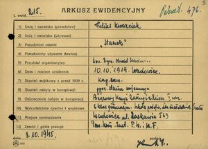 Arkusz ewidencyjny ppor. Feliksa Kwarciaka z 1945 r. Fot. ze zbiorów IPN; sygn. IPN Ka 08/1649