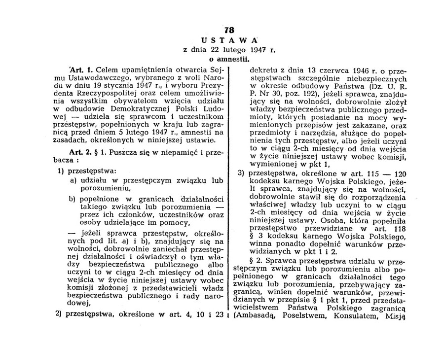 Ustawa z dn. 22 lutego 1947 roku o amnestii (fragment)