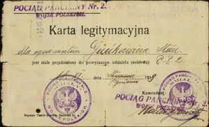 Karta legitymacyjna ogniomistrza pociągu pancernego nr 2 „Śmiały” z 1918 r.