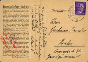 Karta pocztowa Jerzego Guńkiewicza z KL Auschwitz z 1942 r. adresowana do ojca, Stanisława Guńkiewicza