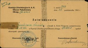 Zaświadczenie o ujawnieniu się żołnierza AK Leszka Guńkiewicza ps. „Lin” przed Komisją Likwidacyjną Obszaru Południowego Okręgu Kraków z 1945 r.