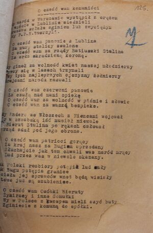 Kartka z treścią antykomunistycznej pieśni, znaleziona przez UB u jednego ze współpracowników Józefa Kozioła. Fot. ze zbiorów IPN