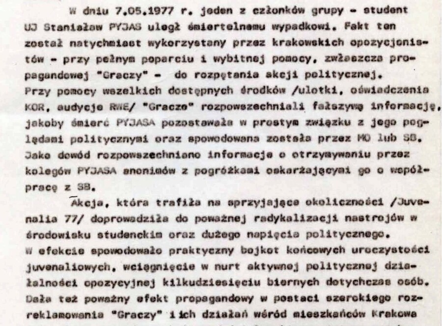 Z dokumentów SB. Fragment oceny i planu operacyjnych przedsięwzięć... 2.06 1977. AIPN