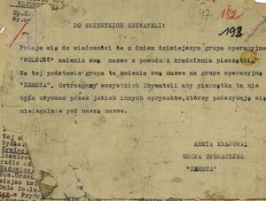 Ulotka „Do wszystkich obywateli” informująca o zmianie nazwy oddziału dowodzonego przez Jana Sałapatka z GO „Wolność” na „Zemsta” (AIPN)