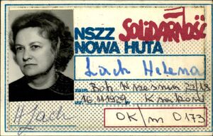 Legitymacja członkowska NSZZ „Solidarność” Nowa Huta wystawiona na Helenę Lach