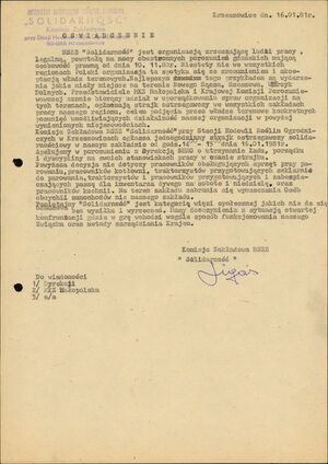 Oświadczenie Komisji Zakładowej NSZZ „Solidarność” przy SHRO w Krzeszowicach z 16 stycznia 1981 r. o ogłoszeniu strajku ostrzegawczego w związku z wydarzeniami w Ustrzykach Dolnych i Rzeszowie