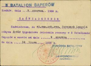 Zaświadczenie z 1938 r. potwierdzające udział Leopolda Szewczyka w ćwiczeniach rezerwy w 5. Batalionie Saperów