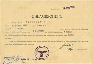 Bilet urlopowy z obozu jenieckiego w Krakowie-Łobzowie z 1939 r. (Gefangenenlager F Lobzow)